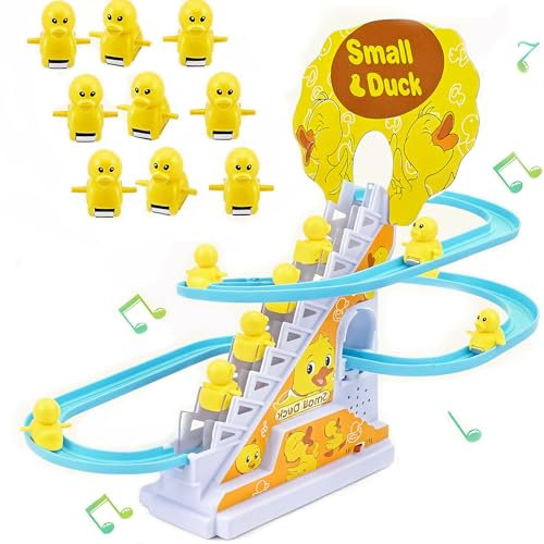 JUXINE 9 Stück Ente Treppensteigen Spielzeug, Elektrische Ente Treppensteigen Spielzeug,Achterbahn Musik Montessori Baby Spielzeug, Track Slide Stairs Coaster Spielzeug für Kleinkinder