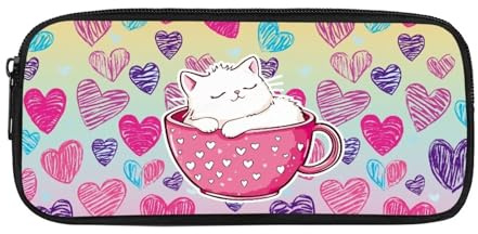 Coloranimal Trousse à crayons avec fermeture éclair pour garçons et filles - Grande capacité - Trousse à crayons pour enfants - Fournitures scolaires, Tasse à thé en forme de cœur avec chat, Pochette