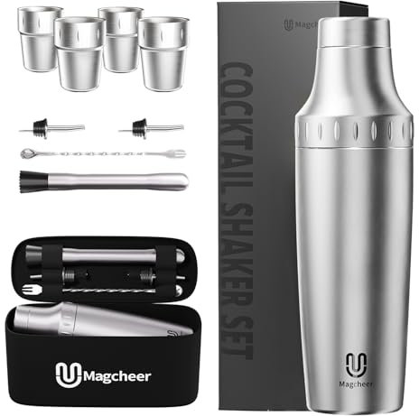 Magcheer Set Shaker Cocktail Professionale con Tazza Impilabile 900ml Kit Barman a Doppio Strato Antigelo Kit Cocktail con Borse Portaoggetti Adatto a Principianti e Baristi(Argento)