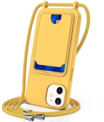 SLWYF Compatible with iPhone 12/iPhone 12 Pro Crossbody with Card, Liquid Silicone Phone Case with Adjustable Lanyard Neck Strap Ultra Slim Fit Shockproof Wallet Cover for iPhone 12 Pro, Yellow