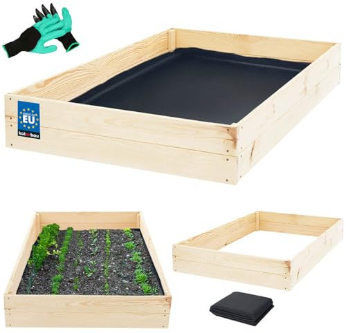 KOTARBAU® Tiefbeet Blumenkasten aus Holz 120x80x18cm Pflanzkästen Naturfarbe Hochbeet Kräuterbeete Pflanzkübel groß Anzuchtbeet Hochbeete für Garten Gemüsezucht Gemüsekiste + Handschuhe mit Krallen