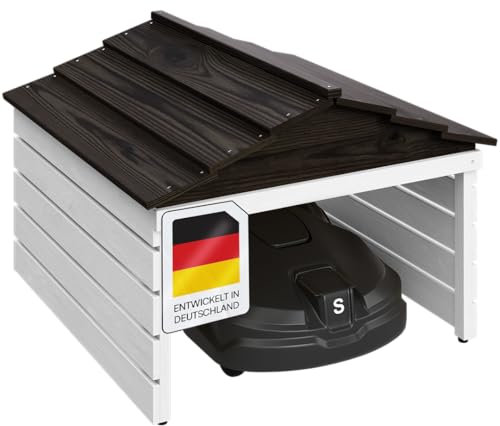 STEELSØN Mähroboter Garage Nembus, Garage für Rasenmäher aus Holz mit abnehmbaren Dach, Mähroboter Haus weiß/schwarz lackiert, Überdachung, Unterstand 53,5x78,5x74,5 HxTxB