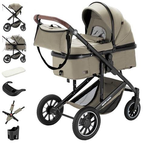 Daliya® FLEXI-PRO M 2in1 Kombikinderwagen & Buggy – XXL-Set, Reise-Kinderwagen mit Einhand-Abnahme, Wetterschutz, Sportsitz, Wickeltasche, Spieltisch, Regenschutz, dicke Matratze (Beige)