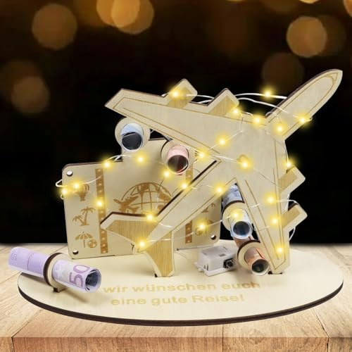 JOKILY Geldgeschenke Geburtstag Holz, Flugzeug Geschenk, Geldgeschenk Reise, Kreatives Geldgeschenk, LED Geburtstag Deko für Freunde Familie, Holz Personalisierbare Tischdeko