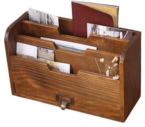 BEAHING Organisateur de Lettre, Porte-Lettres, Support en Bois à 3 Compartiments avec tiroir, Organisateur de Bureau Marron rétro pour dossiers fichiers, courriers, enveloppes, Support