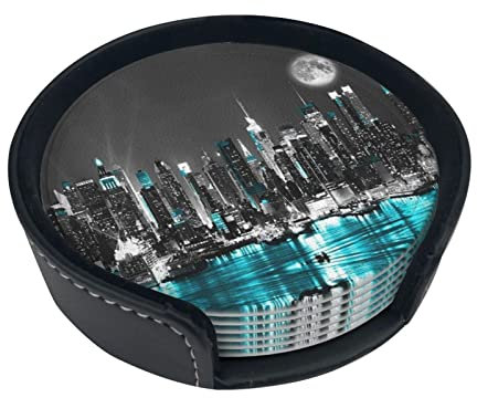 New York Paintingsprint Lot de 6 dessous de verre ronds en cuir élégant pour décoration de bureau à domicile