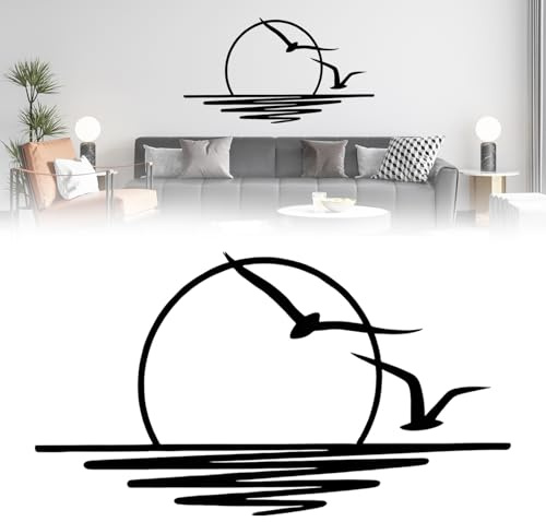 Wanddeko, 100 x 50 cm Schwarz Metall Wanddeko, wunderschöne Wanddekoration mit Möwen und Sonnenaufgang Muster, minimalistische Linienkunst Wandornament Hängen Dekor für Wohnzimmer, Schlafzimmer, Büro
