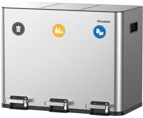 Lovewind Kitchen Bin, 3 x 15L Recycling Bin, 3 Compartment Rubbish Bin for Recycling and Waste, Included Magnetic Label, Soft-Close Lids, Pedals, Inner Buckets, Steel, Silver