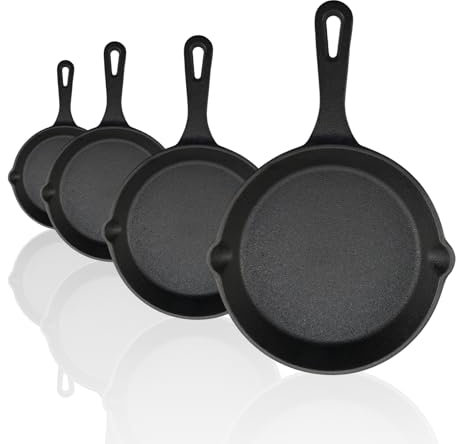 Cast Iron Skillet Set, 4 Piece Set of Cast Iron Pans Induction Compatible Cookware Pre-Seasoned Frying Pans for Grilling Frying Searing & More, Black (14cm 16cm 20cm 26cm)