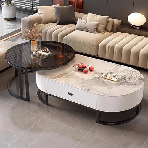 Nesting Couchtisch-Set, moderner Stahlrahmen, oval, rund, Couchtische für Wohnzimmer und Schlafzimmer, 2er-Set