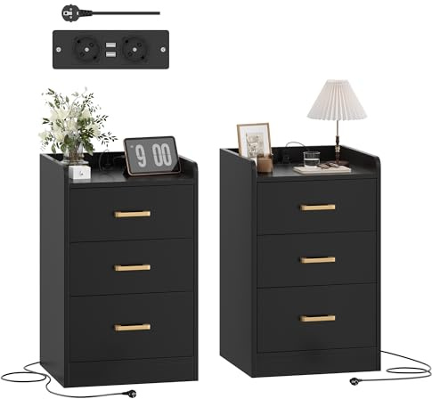 FirFurd Nachttisch 2er Set Nachtschrank mit Steckdosenleiste & 3 Schubladen | Beistelltisch mit 2 AC-Steckdosen, 2 USB-Anschlüsse, 1,5 m Netzkabel, für Schlafzimmer Wohnzimmer Büro, 40x38x66cm, schwarz