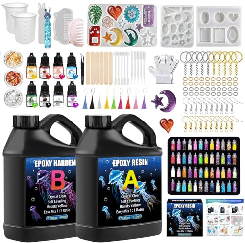 Epoxidharz Set Anfänger 1020ml epoxidharz glasklar gießharz - 1: 1 Verhältnis mit Epoxidharz Farbe,Harz Gießen Zubehör,Silikonformen,Epoxy Resin für DIY Schmuckherstellung,Handwerk,Holz,Aquarium