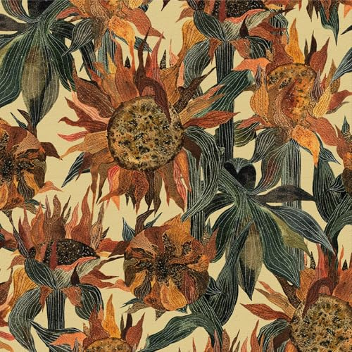 Self Adhesive Wallpaper Floral, 44x300 cm Sunflower Wallpaper Orange and Green Abstract Art Rural Style Flower Plants Wall paper Boho Self Adhesive Furniture Wrap for Living Room, Bathroom, Cabinets