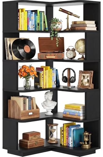 iSunirm 5-Tier Corner Bookshelf, L-Shaped Bookcase, Space-Saving Freestanding Corner Display Shelf Unit for Living Room & Bedroom, 162x60x60cm, Black