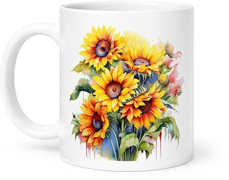 Spomo Sunflower Bouquet Watercolor Floral Design Vibrant Detailed Bright Petals Leaves Artistic Print Ceramic Mug Gift for Flower Lovers and Nature Enthusiasts