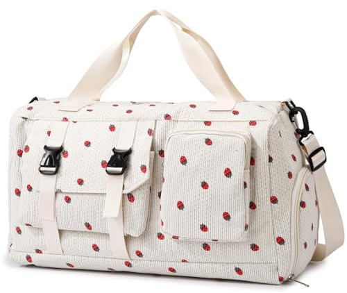 unisoul Corduroy Sports Gym Bag for Women Girls with Shoes Compartment | Foldable Strawberry Overnight Weekend Travel Bag, Wet Pocket, Cute Dance Swimming Bag with Luggage Sleeve, White