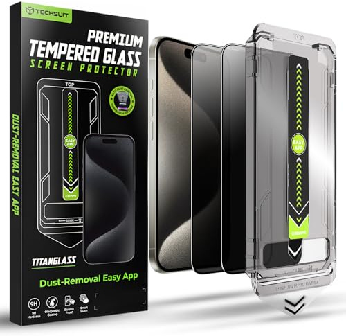 Techsuit Blickschutzfolie 2er Pack für iPhone 15 Pro Max Gehärtetes Glas mit Vollständige Abdeckung, HD Klarheit, Stoßschutz, Anti Spy Beschichtung, TitanGlass FullCover Privacy