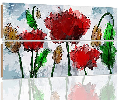 Feeby Frames, Wandbild - 2 Teile - rechteckige Form, Deco Bild, gedrucktes Bild, Deco Panel, Bild, 80x60 cm, MODERN, ABSTRAKTION, MOHN BLUMEN, AQUARELL, ROT, GRÜN, WEIß, GRAU