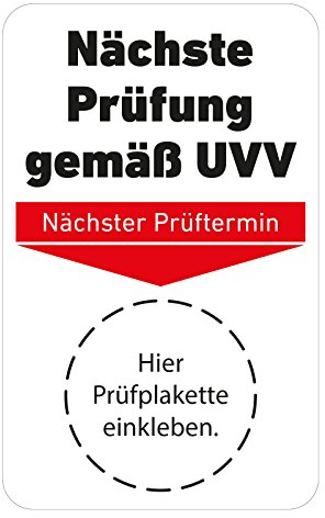 100x Grundplaketten ‚Nächste Prüfung gemäß UVV‘ 70x40 mm, selbstklebend, Vinyl – passend für 20mm & 30mm Prüfplaketten – inkl. 1 gratis Lochzangen (3mm Rundloch & Kerbzange)