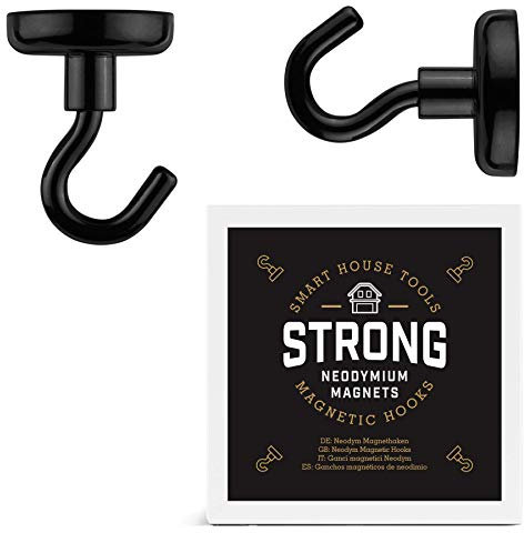 Smart House Tools Magnethaken schwarz (2 Stück) Ø 32x49 mm, Haftkraft 34 kg, Neodym Magnet Haken, groß, extra stark, Hakenmagnet