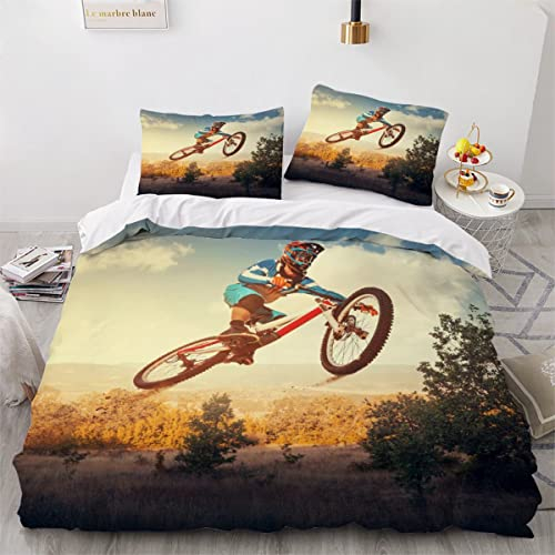 NUYSP Bettwäsche 135x200 Kinder Mountainbike Bettwäsche-Set 3D Jungen Mädchen Moto-Cross Bettbezug mit Reißverschluss Weich Mikrofaser Kinderbettwäsche Bettbezüge mit 2 Kissenbezug 80x80cm