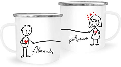 SpecialMe® Emaille-Tasse mit Namen Liebes-Paar Strichmännchen Motiv personalisierbar Liebesgeschenke Valentinstag Weihnachten (1 Tasse) Variante 2 weiß-metall Emailletasse
