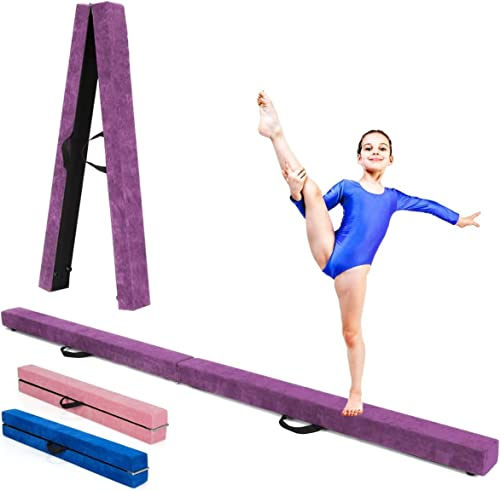 RELAX4LIFE Poutre Gymnastique Pliable 210 cm en Finette avec Pieds Surélevés, Poutre Gym au Sol Portable avec Poignées de Transport, Gymnastique Materiel pour Enfants et Adultes (Violet)