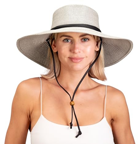 Sloggers Women's Wide Brim Braided Sun Hat with Wind Lanyard - UPF 50+ Maximum Sun Protection Gray