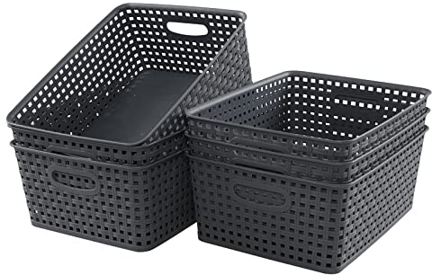 Ortodayes Weave Storage Basket, 6 Pack Small Plastic Baskets, Dark Grey, 8 L