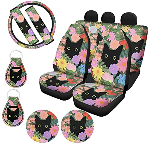 HUIACONG Schwarze Katzen-Sitzbezüge für Damen, Blumen-Pink, Autositzbezüge, Vordersitz-Schoner, Lenkradbezug, Sicherheitsgurt-Pads, Untersetzer, Schlüsselanhänger, SUV, Van, universelle Passform
