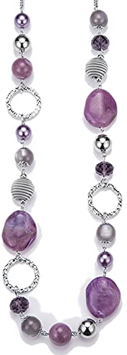 Bulinlin Damen Lange Perlenkette Statement Boho Silber Metallkette Hochzeitstag Modeschmuck Geschenke Pullover Halskette für Frauen(Purple)