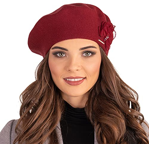 VIVISENCE Baskenmütze Winter Damen Mit Klassischem Schnitt Elegante Mütze Mit Wärmendem Garn Mit Wollzusatz Wintermütze Für Frauen Blumenapplikation Perfekte Anpassung Modell 7036, Rot,Einheitsgröße