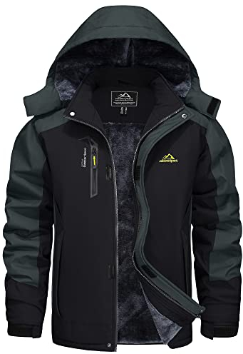 KEFITEVD Skijacke Herren Winter Regenjacke Wasserdicht Winterjacke mit Fell Arbeitsjacke Warm Gefütterte Funktionsjacke Schwarzgrau S