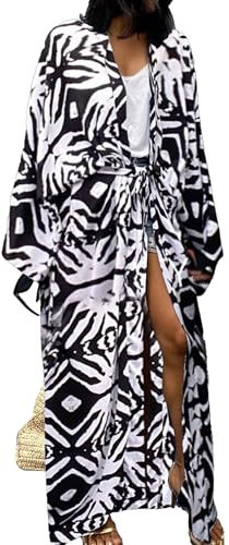 Bsubseach Damen Weiß Schwarz Print Loose Strandkleid Langarm Kimono Open Front Sommer Cardigan mit Gürtel