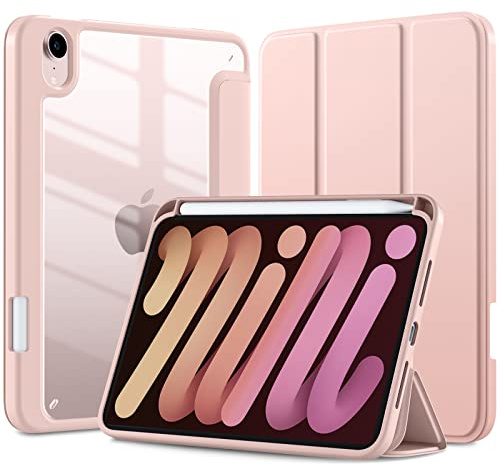 Mastten for iPad mini Case (A17 Pro) 2024 / iPad mini 6th Gen 8.3 Inch 2021 | with Apple Pencil Holder, Clear Back, for iPad mini 7/6 Case 7th/6th 2024/2021 Cute Slim Trifold Folio Cover, Rose Pink