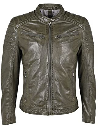 Herren Lederjacke im Bikerstil Übergangsjacke mit Stehkragen und Steppung an Schulter und Oberarm - GMChesto LAORV (M, Dark Olive)