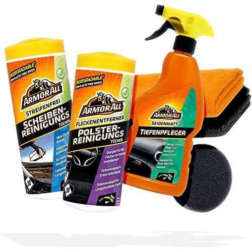 detailmate Auto Cockpitpflege Bundle: Armor All Kunststoff Tiefenpfleger seidenmatt 0,5L, Scheibenreinigungstücher 30Stk, Polsterreinigertücher 30Stk + 2X Microfasertuch Pad