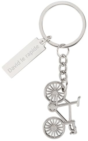 Porte clefs gravé Texte avec vélo – Porte-clé argenté en métal avec vélo et Texte à Graver – Porte Clef Personnalisable Bicyclette - Cadeau Pas Cher personnalisé