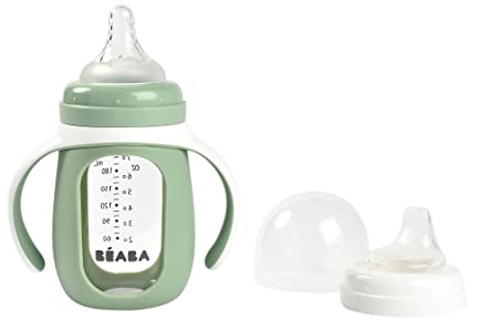 BÉABA, Tasse/Biberon d'apprentissage 2 en 1, En Verre, Housse Silicone, Solide, Sain, 100% Etanche, Poignées amovibles, 210ml, Vert sauge