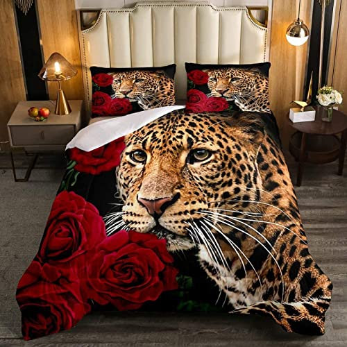 Super King Size Duvet Cover Yellow Leopard Rose Bedding for Children Aldult with Zipper Closure Soft Breathable Hypoallergenic Microfiber Duvet Cover 102.3x 86.6 + 2 Pillowcases 19.7x 29.5