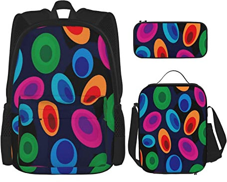 3-teiliges Set Rucksäcke Funky Style Hintergrund 60er 70er Kreise und Ovale Büchertasche Reisen Camping Arbeit Schultasche Federmäppchen Lunchpaket Kombination für Männer Frauen Jungen Mädchen Einhe