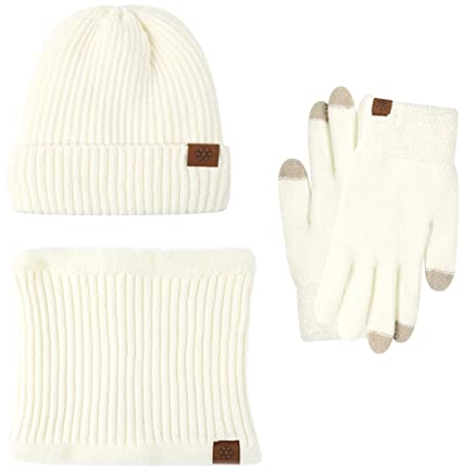 Mutze Schal Set Damen Grau, Mütze, Schal, Handschuhe, Set, Damen, Mütze, langer Schal und Thermo-Touchscreen-Handschuhe, Set, 3-teilig, weich, warm, Winter, gestrickt, Bommelmütze, Set für Damen