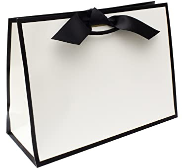 Nu-Nuel 2 Medium Luxury Black Edge Gift Bags with Rope Handles | Matt Laminated with Grosgrain Ribbon | Fits Wine Bottles, Gift Sets | Birthdays, Weddings,Christmas (2, MEDIUM - 310x220x120mm)