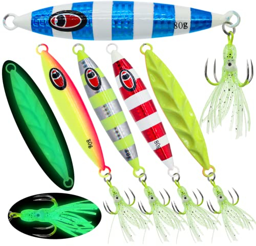 Gefischtter 5 x vertikale Salzwasser-Metall-Köder, langsames Aufstellen, künstliche Köder, leuchtende Leine, Octopus-Rock für Thunfisch, Barsch, Hundezahn, Zackenbarsch – 80 g