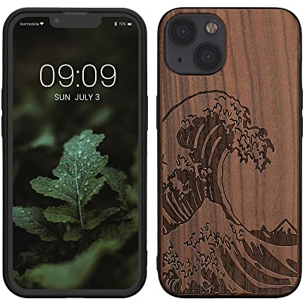 kwmobile Hülle kompatibel mit Apple iPhone 13 Hülle - Holz Case - Handy Cover - TPU Handyhülle in Dunkelbraun Holz Japanische Welle
