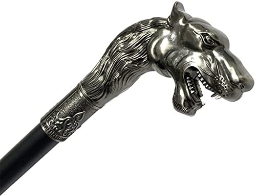 CAZARU Vintage Gehstock für Männer, 89 cm Metall Wolfskopf Elegant Gentleman Dekorative Gehstöcke Cosplay Stöcke Familie