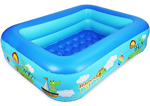 Jiosdo Pataugeoire rectangulaire - 110 cm - Piscine gonflable pour enfants - 2 anneaux - Piscine pour enfants - Pataugeoire pour enfant - Avec fond souple gonflable pour l'été - Plaisir d'eau