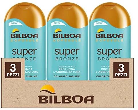 Bilboa After Sun Super Bronze mit Hydrabronze und Beta-Carotin hält die Bräunung und hebt den Teint mit Feuchtigkeit auf und bereitet die Haut vor Sonnenexposition für dehydrierte Haut - 3 Flaschen à