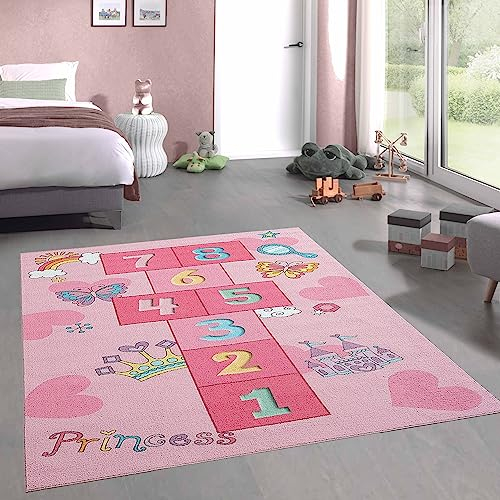 CARPETIA Hüpfkästchen Kinder-Spielteppich mit Herzen Krone & Prinzessinnen Burg in rosa, 160 x 220 cm