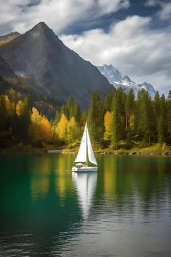 Acryl-Bild 30 x 50 cm: Segelboot auf dem See mit Herbstwald und Bergen im Hintergrund (202663461)